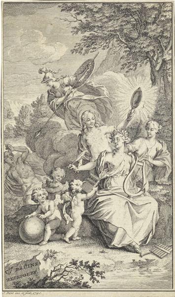 Landscape with Poetry, accompanied by Truth and Zeal. On the left three putti, one of which offers Poetry a collection of poems. Another has a globe with him. A third points to the background where Frenzy is dispelled by Wisdom. In the left foreground on a stone the title in Dutch.