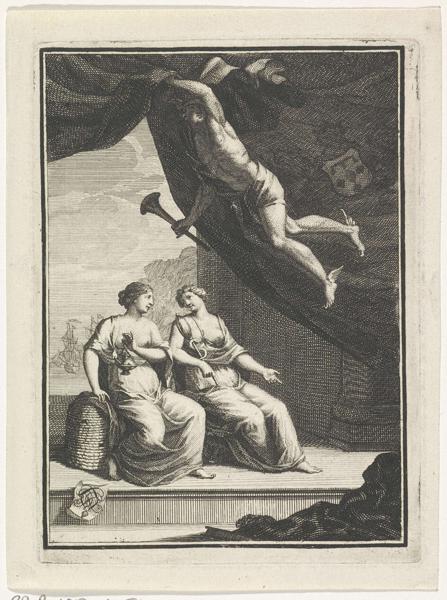 The personifications Zeal, with beehive and oil lamp, and Caution, with mirror, sit next to each other. Mercury is holding up a curtain. Ships in the background. In the left foreground a monogram on a paper.