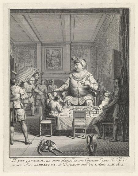 Baby Pantagruel, a child of giants, enters the hall with his crib still on his back, where his father Gargantus is having a meal with his friends. Illustration for François Rabalais' stories about Pantagruel and Gargantua. In the margin is a line of text in French, marked bottom right: L. II. Ch: 4.