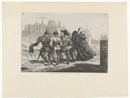 Scene from Pantagruel of Rabelais in which five men, Ponocrates, Panurge, Epistémon, Gymnaste and Frère Jean, walk arm in arm in Paris. According to the caption, they move their heads up and down and sing. Seen from behind and in old costumes, it is a strange company in which the monk stands out in particular. In the background to the right, the silhouette of the Nortre Dame stands out against the sky.