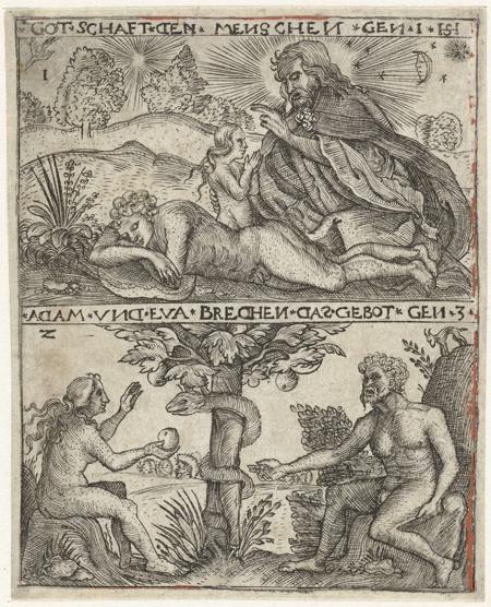 Two performances, both with an accompanying text in German. Above: the creation of Eve from Adam's rib by God. Below: the fall, Adam and Eve sitting by the tree of Good and Evil with the serpent in it. Eve has forbidden fruit in her hand.