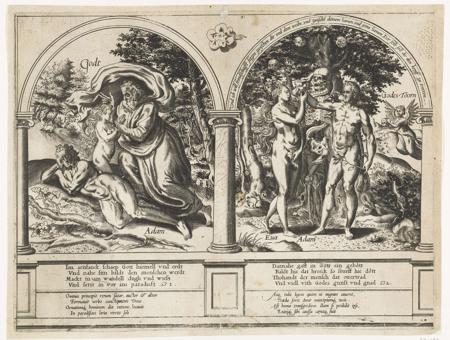 Two biblical allegories in an architectural setting. On the left the creation of Eve from a rib of Adam. On the right, the Fall: Adam and Eve stand by the tree of good and evil and take the apple from the serpent, which wraps itself around a skeleton. Skeleton and skulls refer to the mortality of man as a result of the violation of God's command. Diagonally behind them the personification of God's wrath, who also holds a skull in his hands. Above the scene on the right in the arch, a Bible verse in German. In the middle the tetragrammaton. Under both scenes a four-line verse in Low German and a four-line text in Latin. Numbers 1 and 2 from a reformational series about the sinfulness and justification of man.