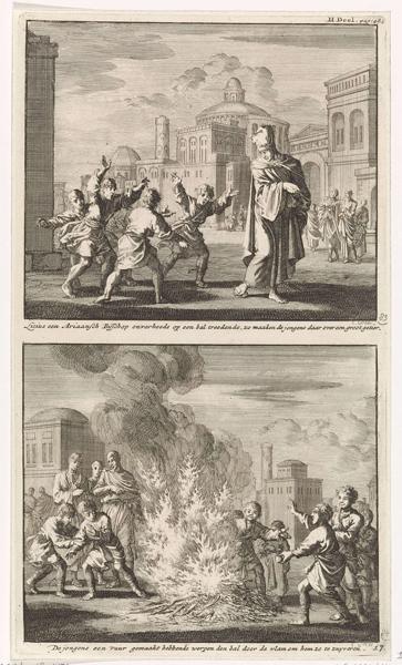 Two performances on one plate. Above: in the foreground Lucius, the Arian bishop of Alexandria in a square. He kicks a ball and thus interrupts the ball game of a few children. The children shout and gesticulate. Below: After Lucius, the Arian patriarch, touches a ball, the children make a big fire to clear the ball.