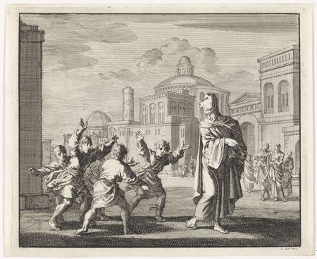 In the foreground Lucius, the Arian bishop of Alexandria in a square. He kicks a ball and thus interrupts the ball game of a few children. The children shout and gesticulate.