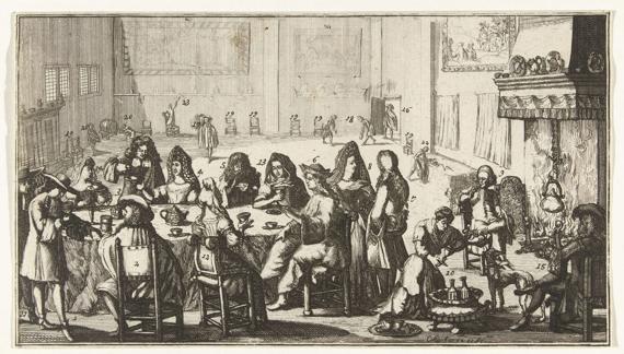 Interior in which all the princes of Europe sociably drink tea together around a table and by the fireplace, in preparation for the coming war acts in the year 1690. The print comes with a text sheet.