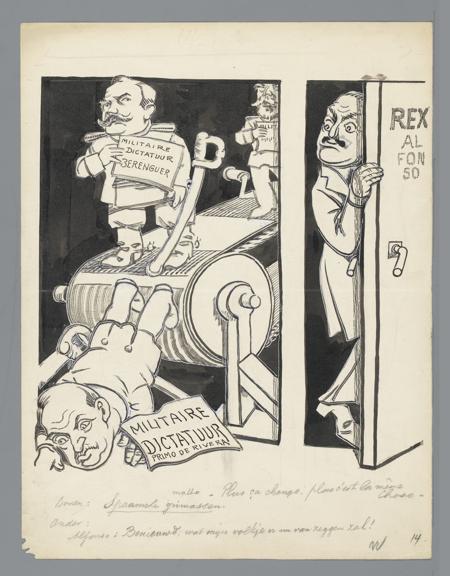 The Spanish king Alfons XIII watches as the dictator Miguel Primo de Rivera falls off the assembly line and is succeeded (in 1930) by the next dictator Dámaso Berenguer. Design for a political cartoon.