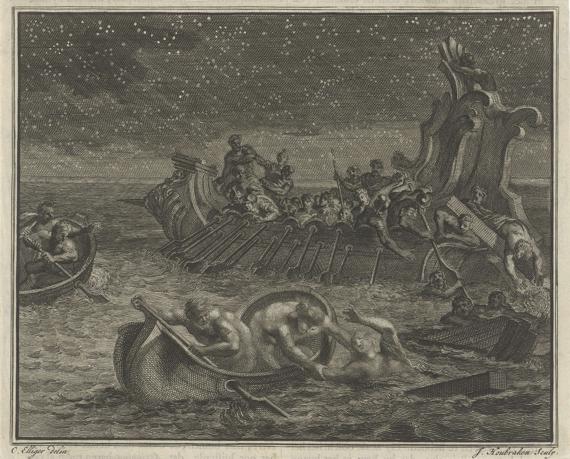 A galley ship in which many figures and two other sloops also with figures rescue drowning people from the sea. The sky is strewn with stars.