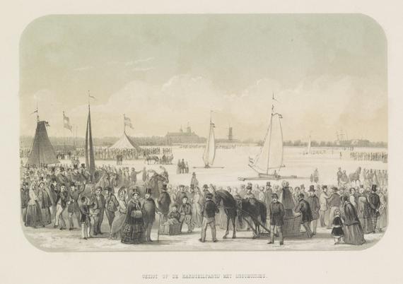 Competition for ice sailing yachts on the Maas in Rotterdam. Fifth plate in a book with six plates about ice entertainment on the Maas in Rotterdam in February 1855. This copy was reissued in 1861 for the victims of the flood.