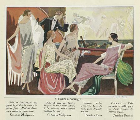 View of the stage and orchestra pit of the Opera-Comique. Four women in creations by Molyneux, Beer and Premet. A young man looks through opera glasses. Part of a page from the fashion magazine Art-Goût-Beauté (1920-1933).