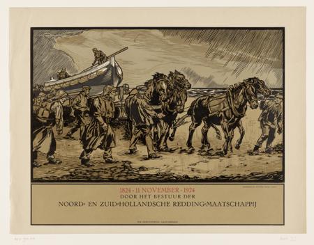 Prestressed horses pull a lifeboat. Rescue workers around it. Print on the occasion of the centenary of the North and South Holland Redding Company. At the bottom of the text: 1824 - November 11 - 1924; Offered as a reminder by the board of the North and South Holland Rescue Company.
