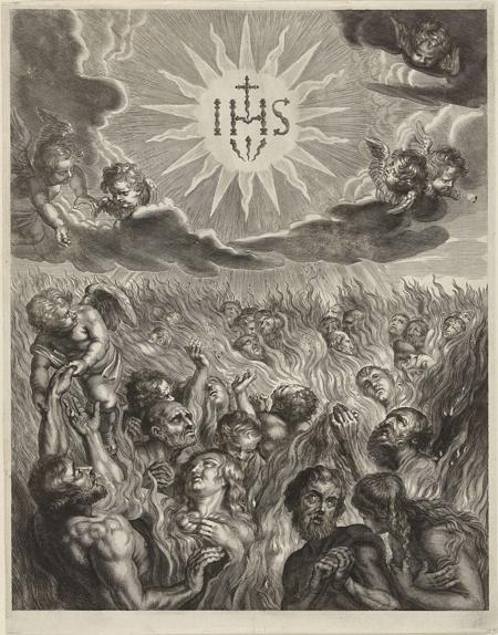 A large group of people are lost in the flames of purgatory. An angel rescues one of them and pulls him up from the fire to heaven by his arm. In heaven cherubim and angels look down to the fire below. In the center is the Christ monogram IHS in a radiant sun.
