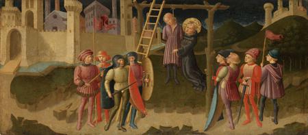 Saint Nicholas of Tolentino rescues a hanged man from the gallows. There is a ladder against the gallows. Left and right groups of four watching soldiers. On the left a walled city with an open gate, on the right in the background another city. The panel probably formed the predella of an altarpiece.