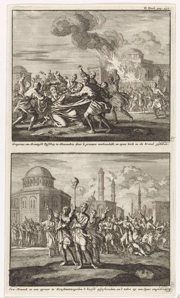 Two performances on one plate. Above: In the foreground, Gregory, an Arian bishop of Alexandria, is being mistreated by the people of Alexandria. In the background his church is set on fire. Below: in the foreground some men with spears on which the head of a monk is speared. In the background the riot of Constantinople and the headless corpse of the monk.