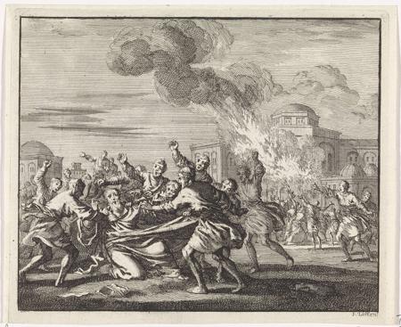 In the foreground, Gregory, an Arian bishop of Alexandria, is being mistreated by the people of Alexandria. In the background his church is set on fire.