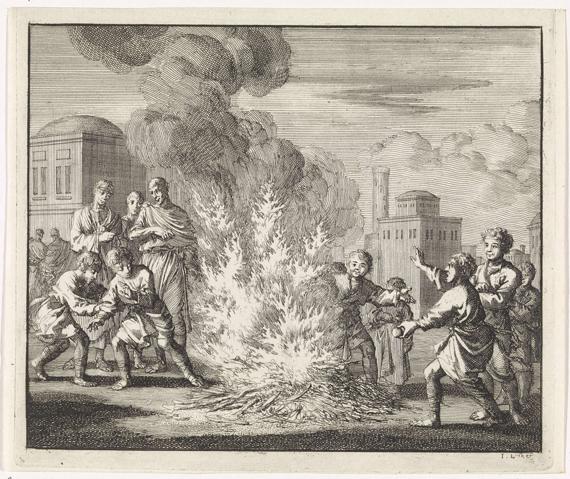 After Lucius, the Arian patriarch, touches a ball, the children make a big fire to clear the ball.