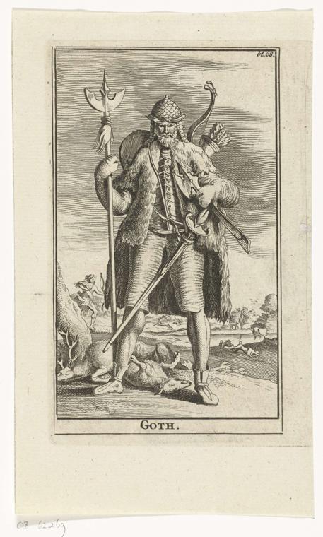 Warrior of the Germanic people of the Goths, standing full-length, against a background of hunting scenes.