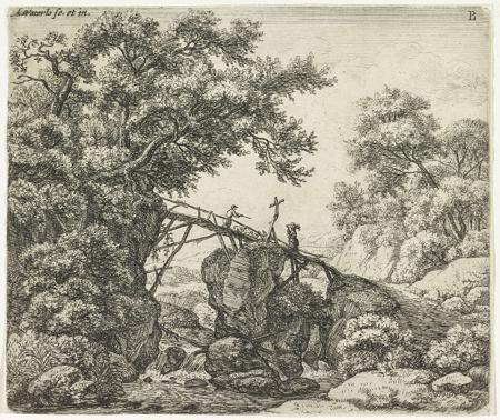 A narrow, sloping wooden bridge runs over a stream with a waterfall. A shepherd walks across the bridge with his flock and a woman with goods on her head. There is a path on the right and the letter B can be seen at the top right.